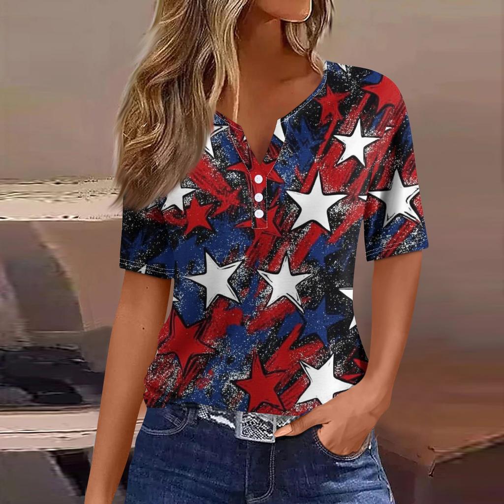 T-skjorte for kvinner med kortermet knapp med kortermet t-skjorte daglig helgmote Basic V-hals vanlig topp