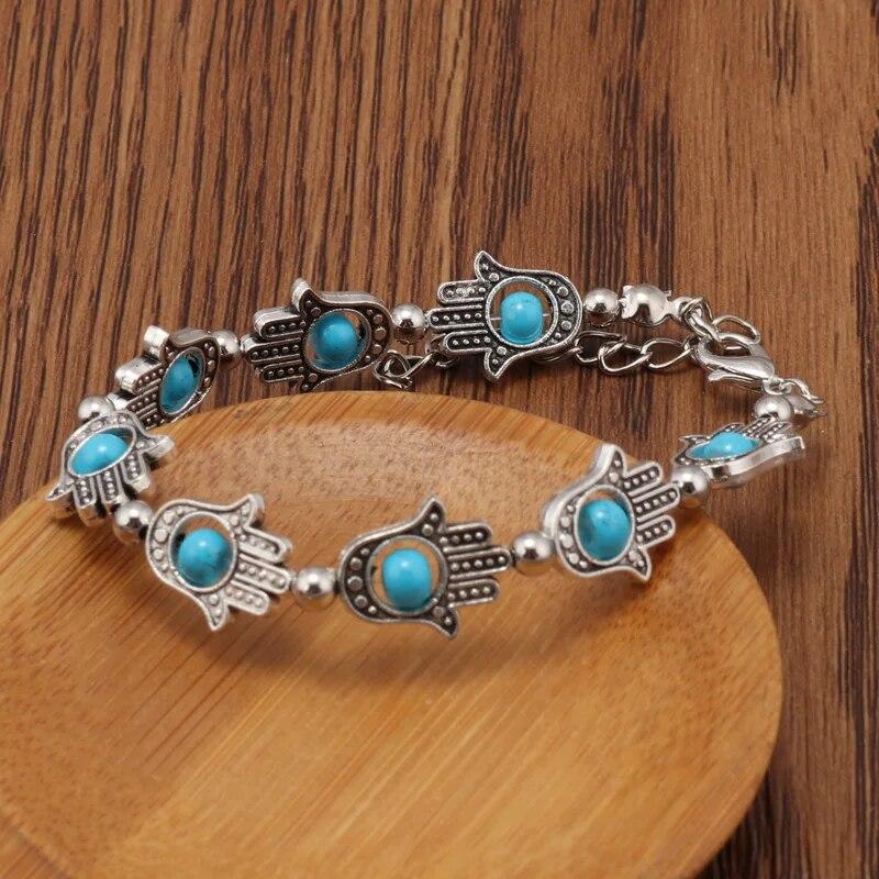 Tenande 2 Color Vintage Natural Stone Beads Hamsa Hand Evil Eye Bracelets & Bangles for Women Jewelry Bohemian Maxi Bijoux