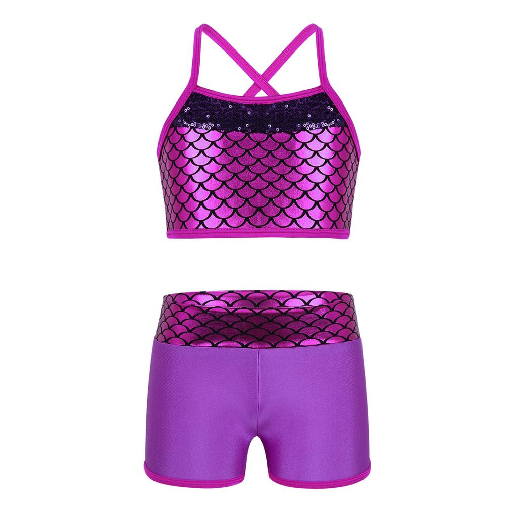 Kids Girls Swimming Dance Athletic Outfit Shoulder Straps Sequins Crop Top+Shorts Gymnastics Clothes