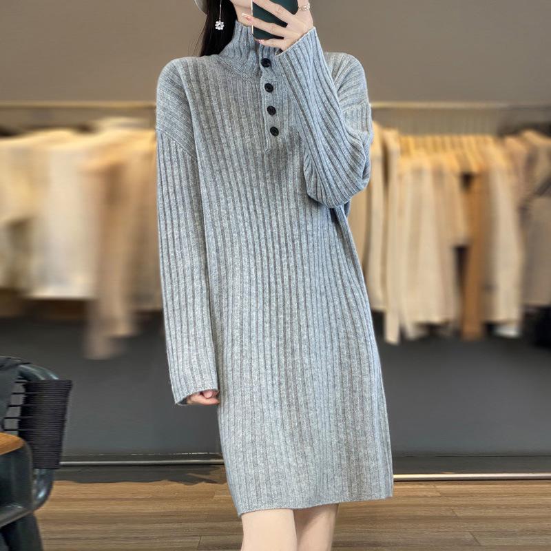 Petite Women's Wool Knit Dress with Half-High Neck - Mid-Length for Autumn/Winter