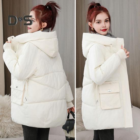 Winter Down Coat Thickened Padded Hooded Pockets Zipper Closure Drawstring Mid Length Windproof Heat Retention Daily Cold Weather Outwear Cotton