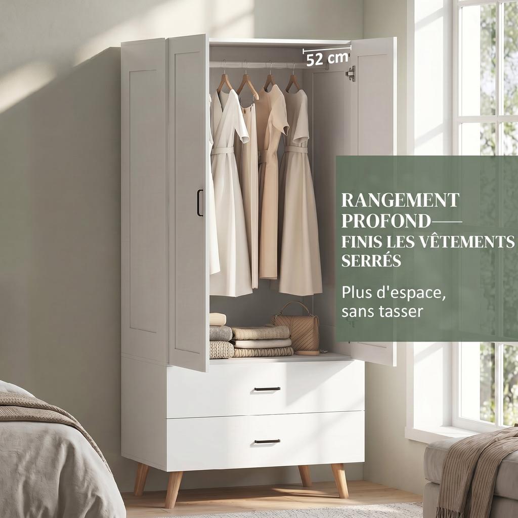 Bedroom Wardrobe, 2 Soft-Close Doors, 2 Drawers, Hanging Rail, 80 x 54 x 180 cm, White