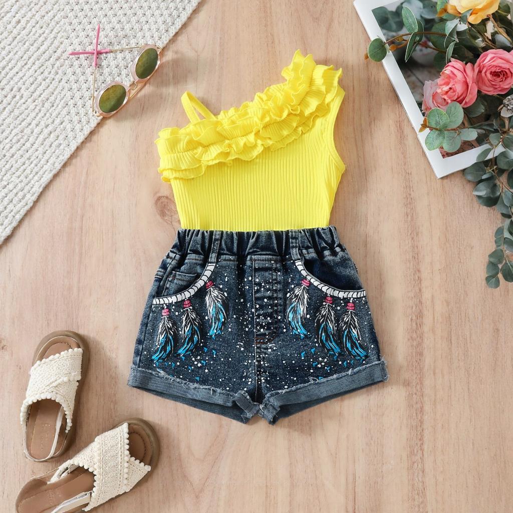 Girls Asymmetric Ruffle Cami + Printed Denim Shorts Two-Piece Set