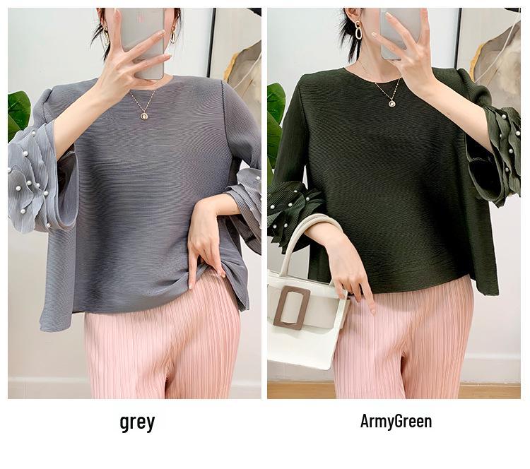 Damen Plissee Oberteil mit ausgestellten Ärmeln und Perlen-Rundhalsausschnitt