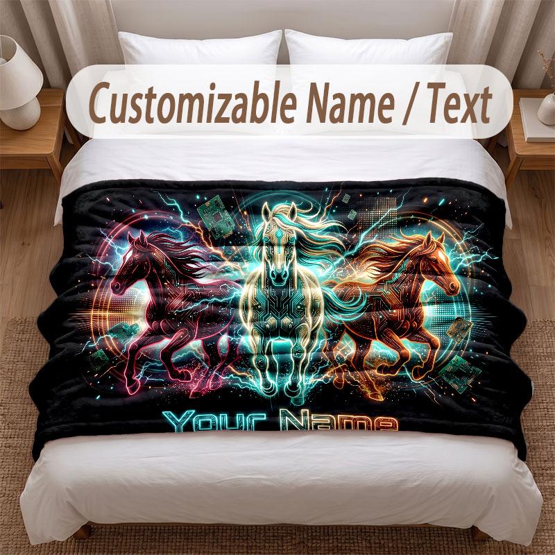 Horse Theme Soft Blanket Personalized Custom Name Text Print Warm Blanket Home Sofa Bedroom Decor