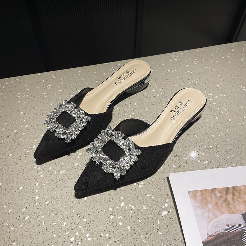 French Rhinestone Bag Head Half Slippers Women's Outer Wear Summer 2024 New Thin Heel Lazy Cool Slippers High Heel Muller Shoes