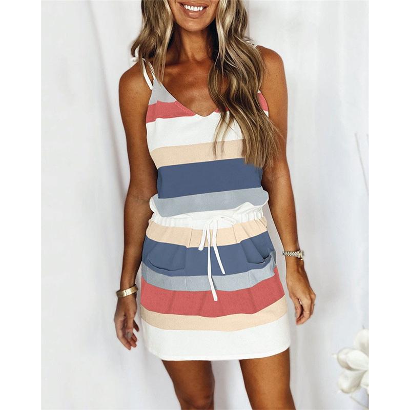 

Летнее женское модное универсальное женское платье на бретельках в полоску с принтом на талии, длина до талии, майка, юбка, женская 3XL разноцветный