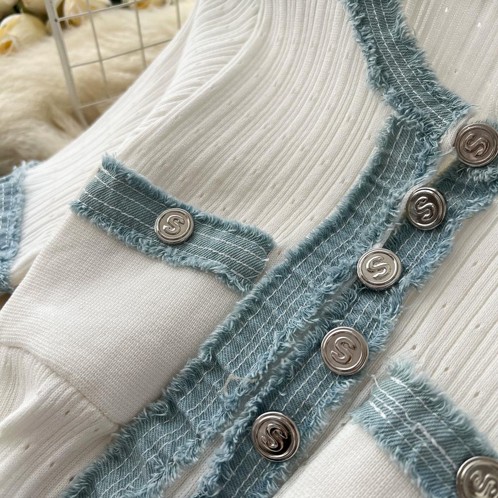 Summer Women Elegant Short Sleeve Denim Patchwork Knitted Sweater Long Midi Party Dresses