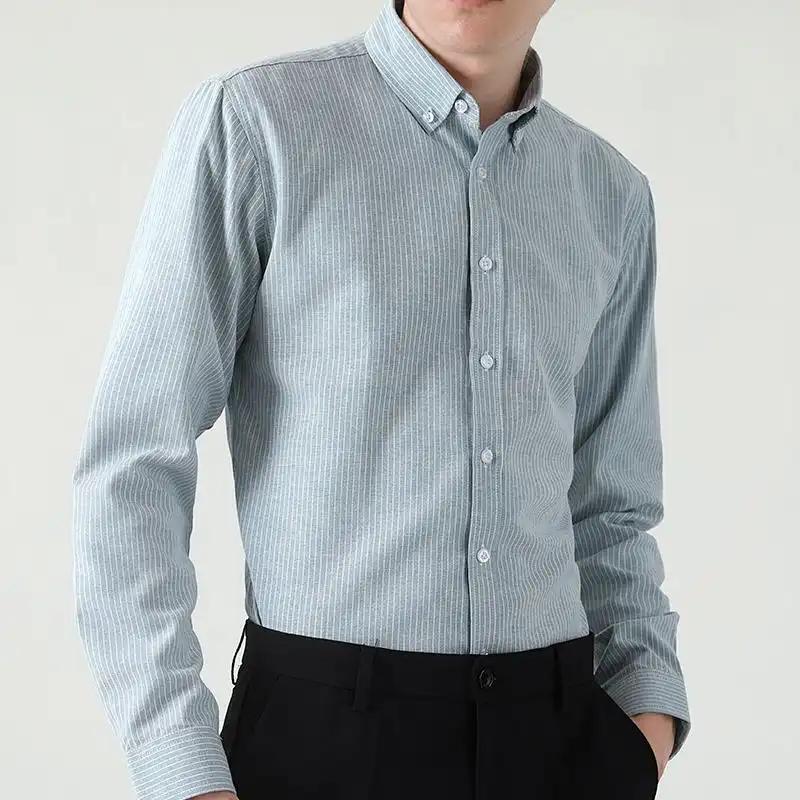 Men's Light Blue Striped Long Sleeve Shirt Casual Button-Down Cotton Blend Business Shirt