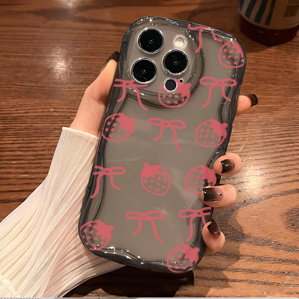 ins wind pink strawberry bow mobile phone case Apple 14Pro fashion girls iPhone17pm anti-drop soft case