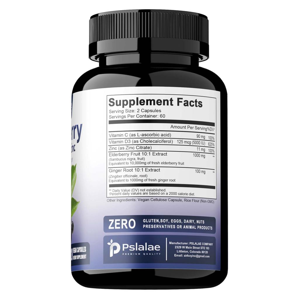 Pslalae Elderberry Capsules, Containing Vitamin C, Vitamin D3 Extract, Immune Support, and Antioxidant Supplement.