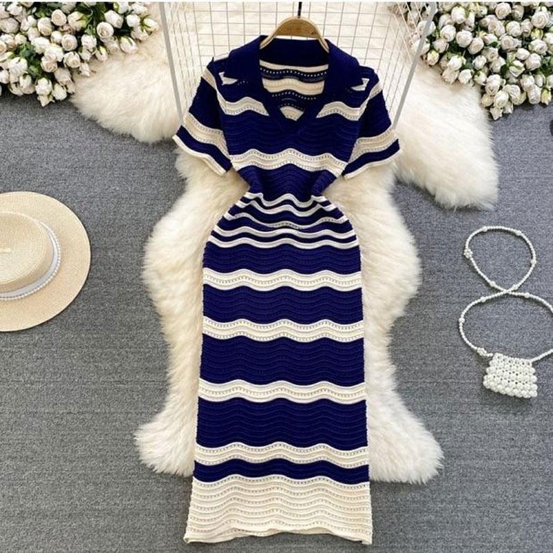 

Korean Striped Hollow Out Knitted Dresses 2025 Summer Waist Bag Hip Women s Elegant V-Neck A-Line Casual Short Sleeve Midi Dress S синий