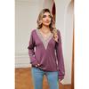 Solid Color Lace V-neck Color-block Loose Long Sleeve T-shirt Top Fall Winter New Arrival for Europe America Cross-border Trade