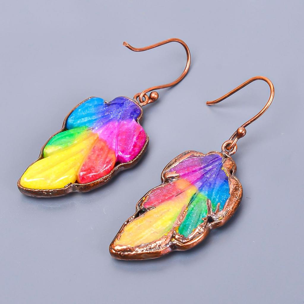 Natural Rainbow Solar Quartz Copper Birthday Dangle Drop Ethnic Earrings Jewelry V-2