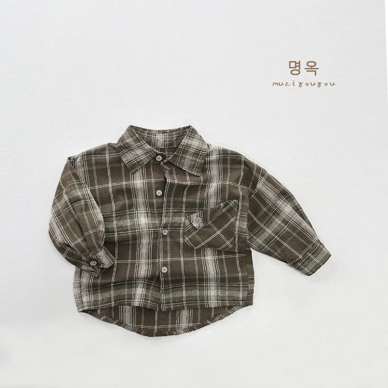 Vintage Korean Style Kids Plaid Long Sleeve Shirt Lightweight Outerwear For Boys Girls