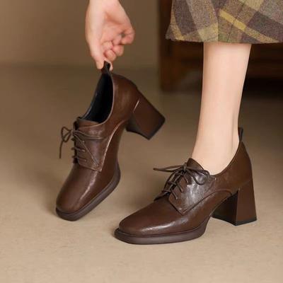 Retro Style Square Head Lace-up Deep Mouth Leather Shoes Single Shoes Women's Autumn New Versatile High Heels Women's Shoes
