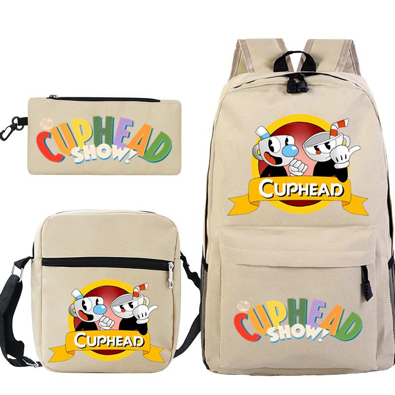 Cartoon Teacup Head Cuphead Student School Bag Backpack Three-piece Set Children's Shoulder Bag Pencil Bag