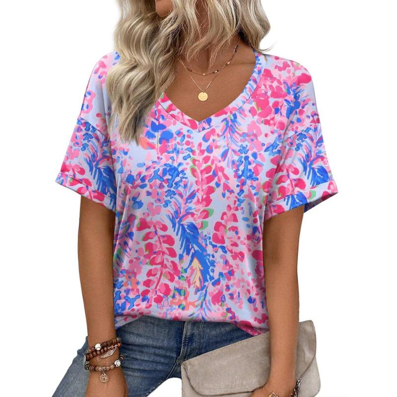 Summer V-neck 3D Flower Pattern Printed Top Fashionable Casual Short Sleeved Women's T-shirts