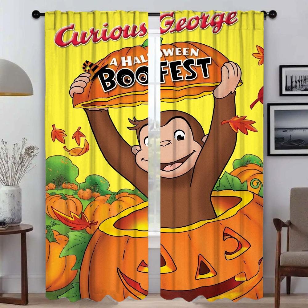 Curious George Curtains for Living Room Curtain Halloween Decoration Partition Home Interior Curtains 2 Pieces Shades Kitchen