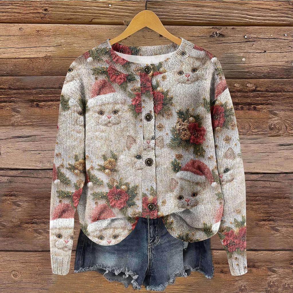 Women's Vintage Knit Button Christmas Print Cardigan Jacket