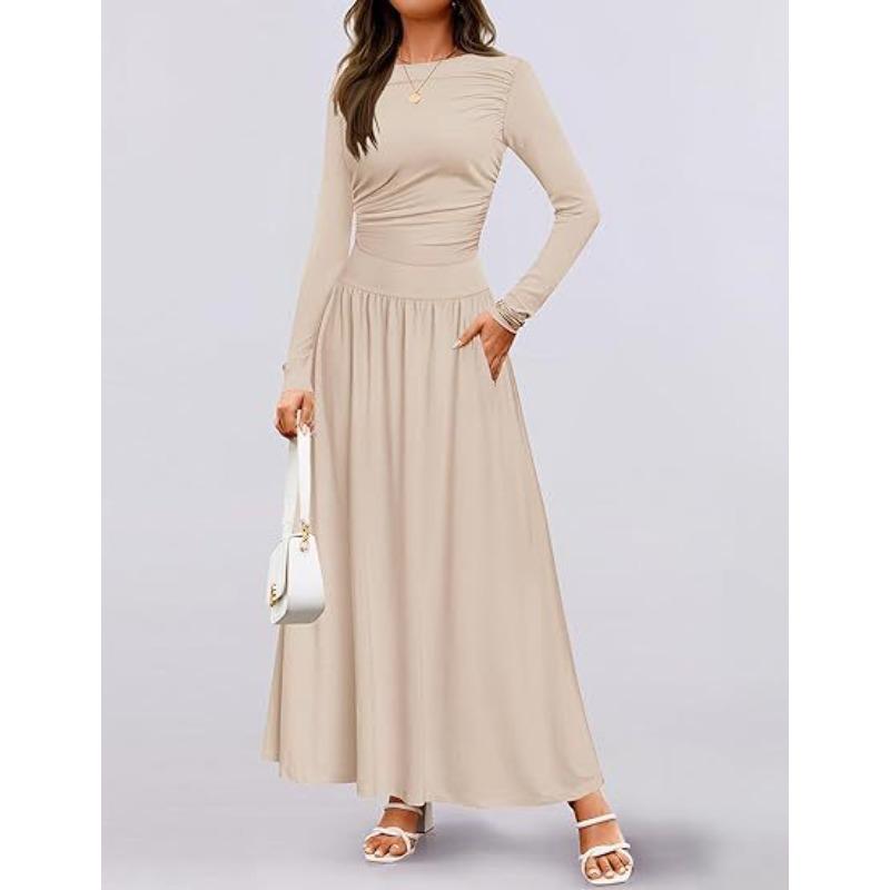 

women s Crew Neck Ruched Waist Pocket Design Long Sleeve Maxi Casual Dress XL