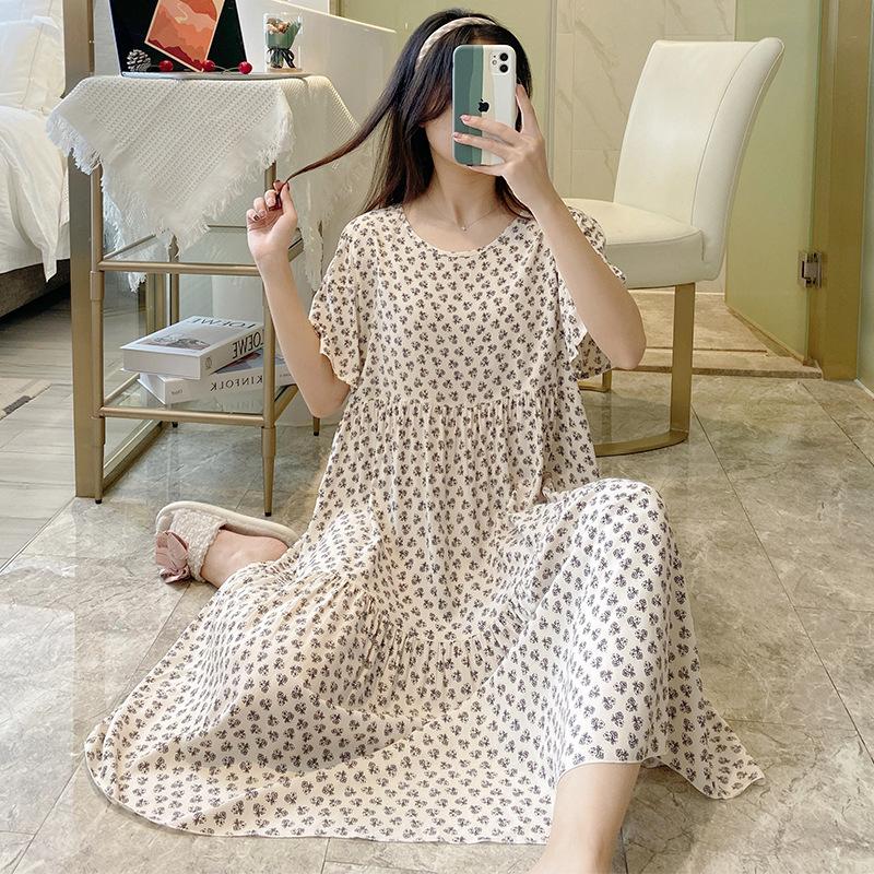 1011 new nightdress full cotton silk three-section short-sleeved long dress home round neck flower cartoon skirt enlarged and loose