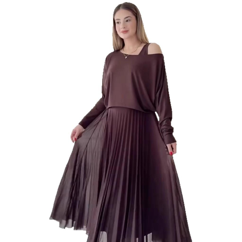 Cross-border European and American women's clothing Amazon sexy casual slanted shoulder long-sleeved top suspender bottom dress