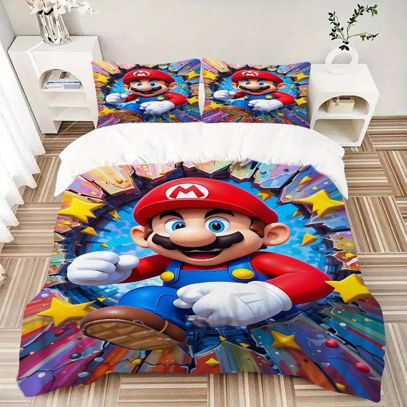 3pcs bedding set Mario Adventure Includes 1 Comforter + 2 Pillowcases, Without Pillow Inserts, Soft Comfortable,a0909172