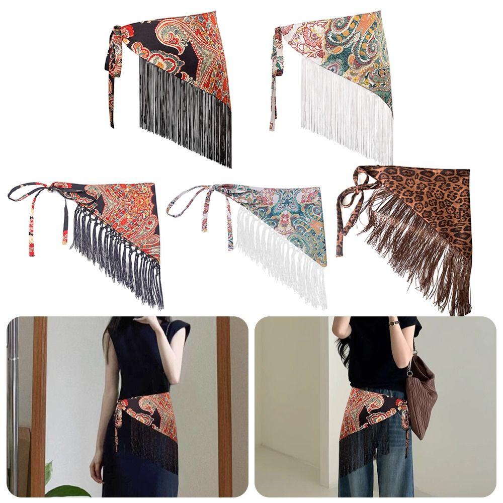 Ethnischer Dreieckiger Bund Quasten Saum Rock mit Breitem Gürtel Kleid Jeans Dekor