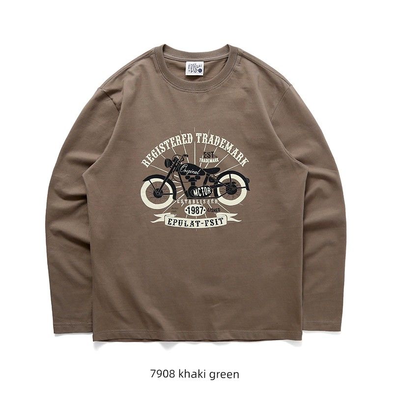 American Retro Trendy Letters Print Pure Cotton Long Sleeves T-Shirt Men s 2024 New Arrival Bottoming Shirt Export Menswear T-shirt Khaki Green L