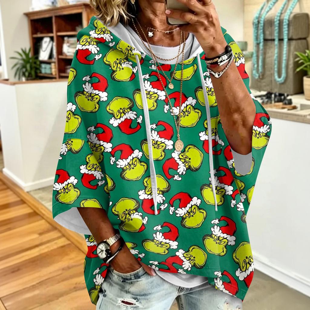 Women's Christmas Print Hooded Sweatshirt with Drawstrings, Loose Fit Casual Pullover Top