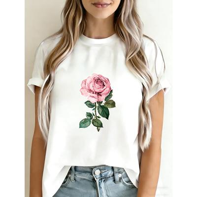 White T Shirt With Pink Rose Floral Print For Casual Wear