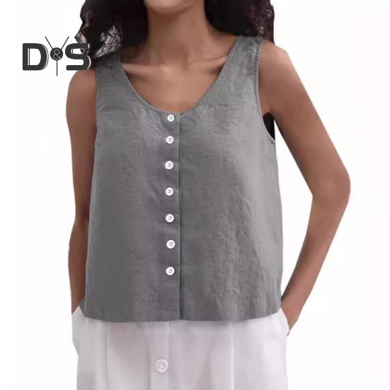 Dámské letní tílka s kulatým výstřihem, volný střih, jednobarevný design tílka na knoflíky, streetwear