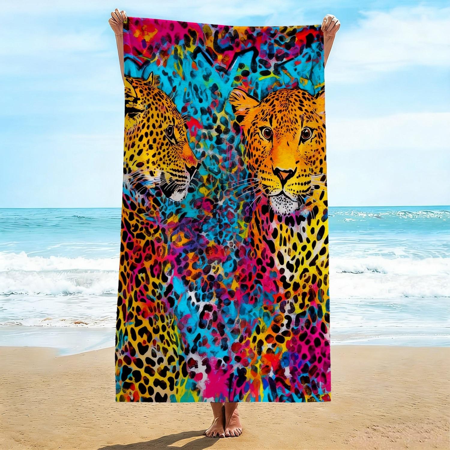

Artistic Watercolor Leopard Beach Towel, High Fashion Colorful Animal Print Bath Sheet, Premium Microfiber Quick Towel Vacation W40*H60(CM)
