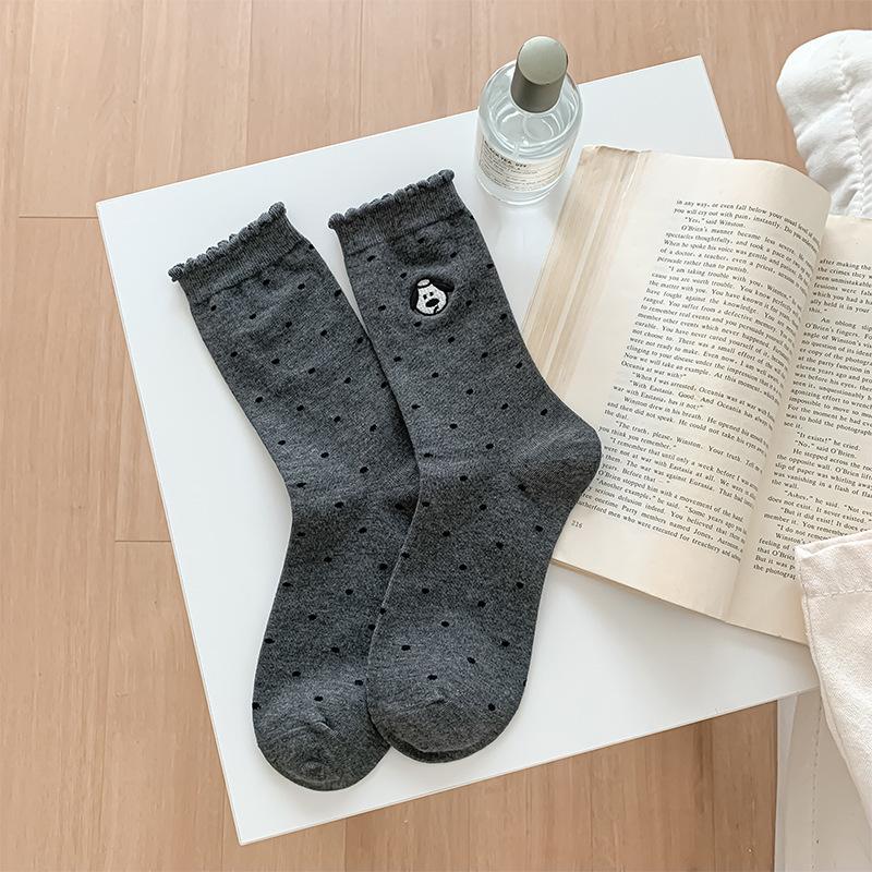 

Женские осенне-зимние новые хлопковые носки до середины икры с вышивкой в горошек и кружевом с пузырчатым краем 1 pair серый