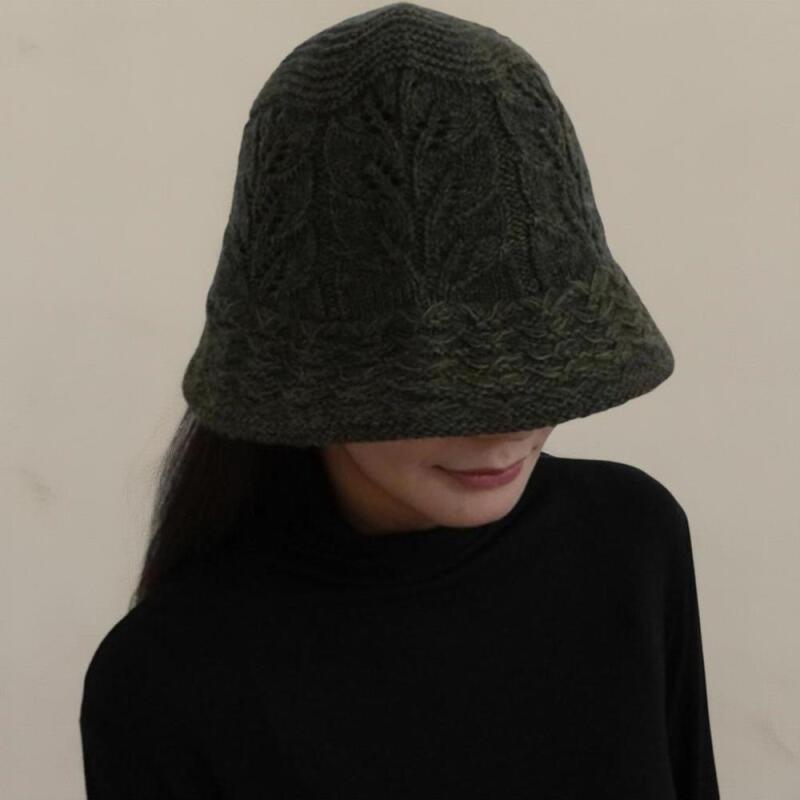 Women's Leaf Pattern Crochet Team Wool Knit Bucket Hat