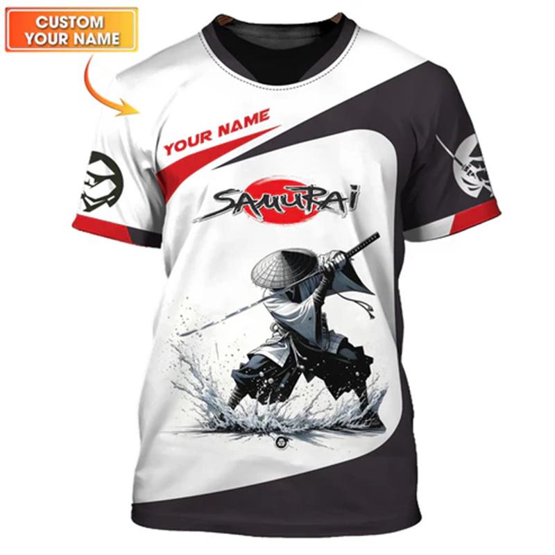Japanese Samurai Armor Mask Print T-shirt For Men Harajuku Street Custom Name T Shirts