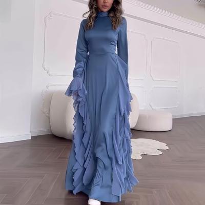 Kadın Kolu Volanlı Fırfırlı Elbise Müslüman Parti Elbiseleri Dubai Abaya Türkiye Robu Zarif Kadın Robu İslami Elbise Sonbahar Modası