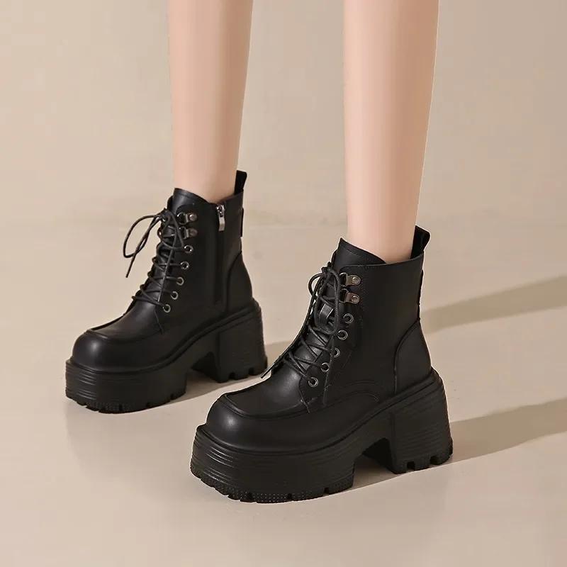 9CM Autumn Thick soled shoes for Women Winter 2024 Warm Versatile Height increasing Ankle Boots High top Leather shoes