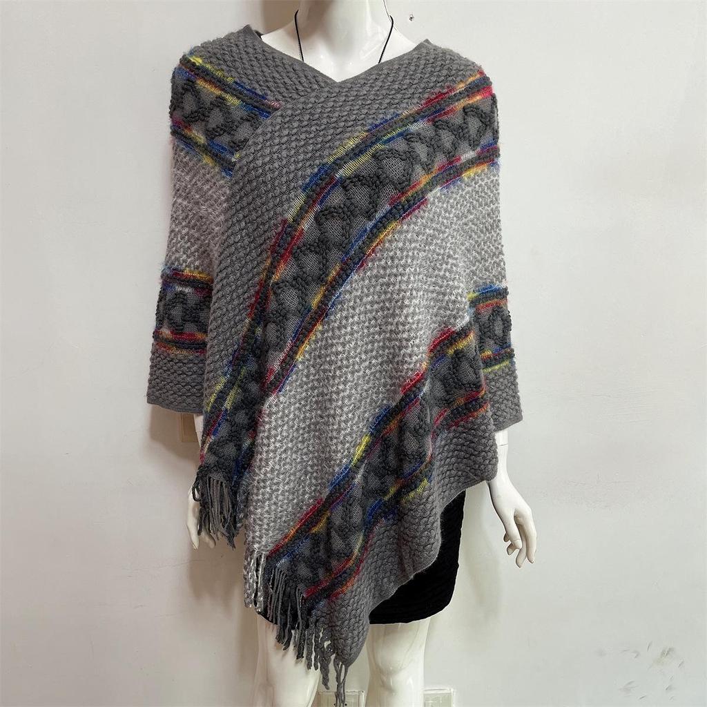 2022 Autumn/Winter Women's V-Neck Rainbow Tassel Cape Sweater