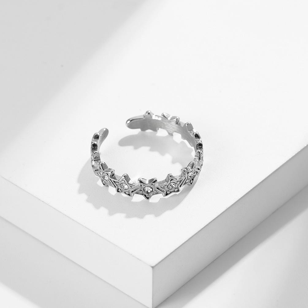 Handmade Jewelry with Stars Diamonds Titanium Steel Open Ring Circumference Pentagonal Star
