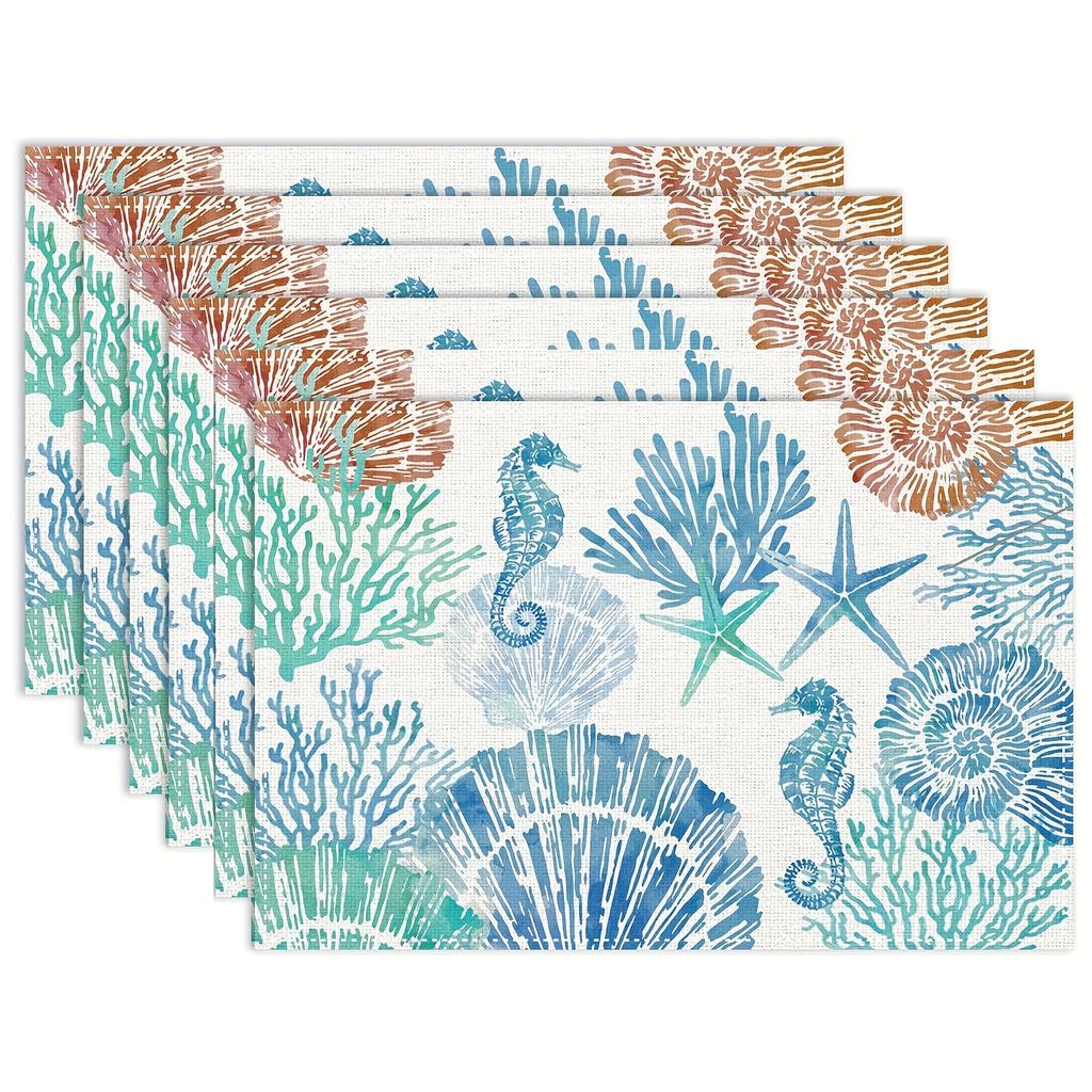 4/6pcs Set Summer Ocean Theme Pattern Placemats, Seasonal Daily Holiday Decor, Suitable for Home Kitchen Dining Party Indoor Outdoor Decoration, 12x18