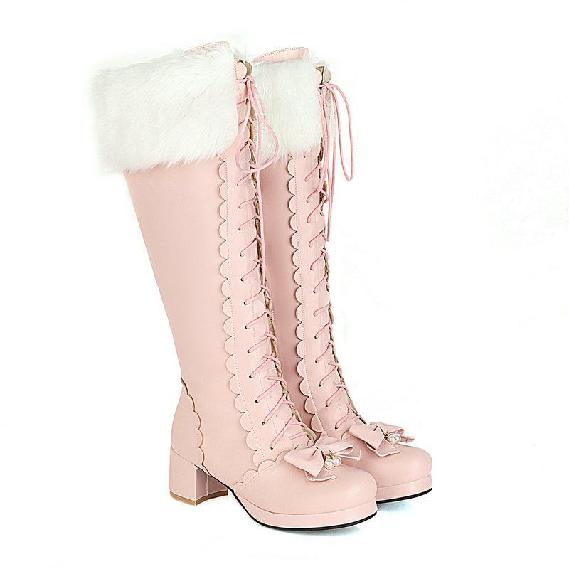 Fashion Princess High Knee Boots Winter Shoes Woman Bowknot Chunky Heel Lolita Shoes Side Zipper Girls Boots Large Size 30-43