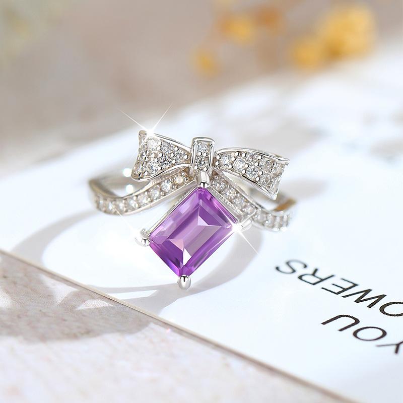 925 Sterling Silver Bowknot Crystal Ring, Adjustable Open Band with Natural Gemstone, Elegant Luxury Women's Jewelry, Perfect Gift