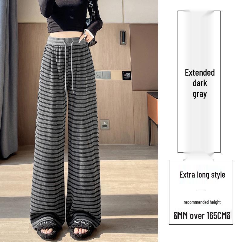 

Women s Fleece-Lined Striped Wide-Leg Pants - High-Waisted, Casual Knit for Autumn/Winter. Large