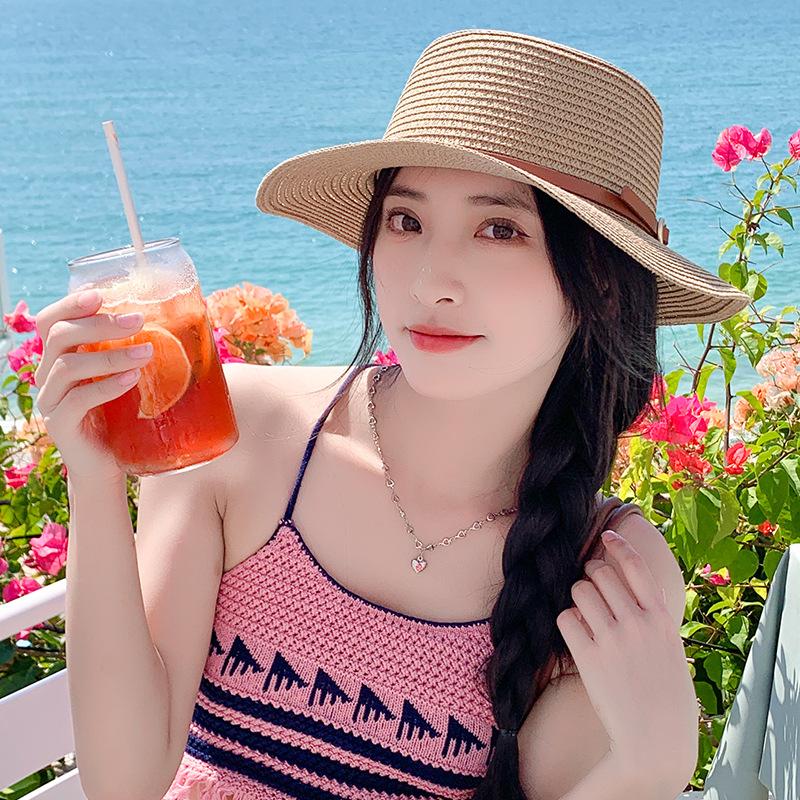 Summer vacation beach sunscreen sunshade flat top straw belt buckle sun hat women