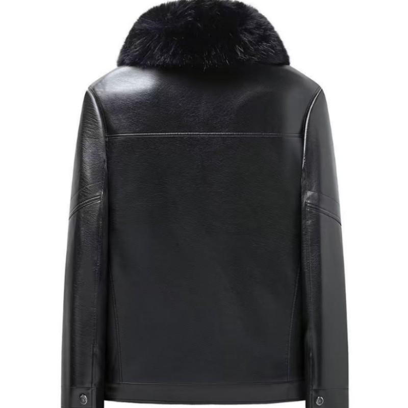 Jachetă groasă de iarnă pentru bărbați din piele PU, pentru bărbați de vârstă mijlocie și vârstnici, călduroasă, cu căptușeală din lână, cu un singur rând de nasturi