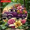 2d Flat 20*20cm Purple Vintage Truck Filled with Flowers, Circular Wooden Sign, Garden, Kitchen, Office, Bedroom Decoration, Wooden Material