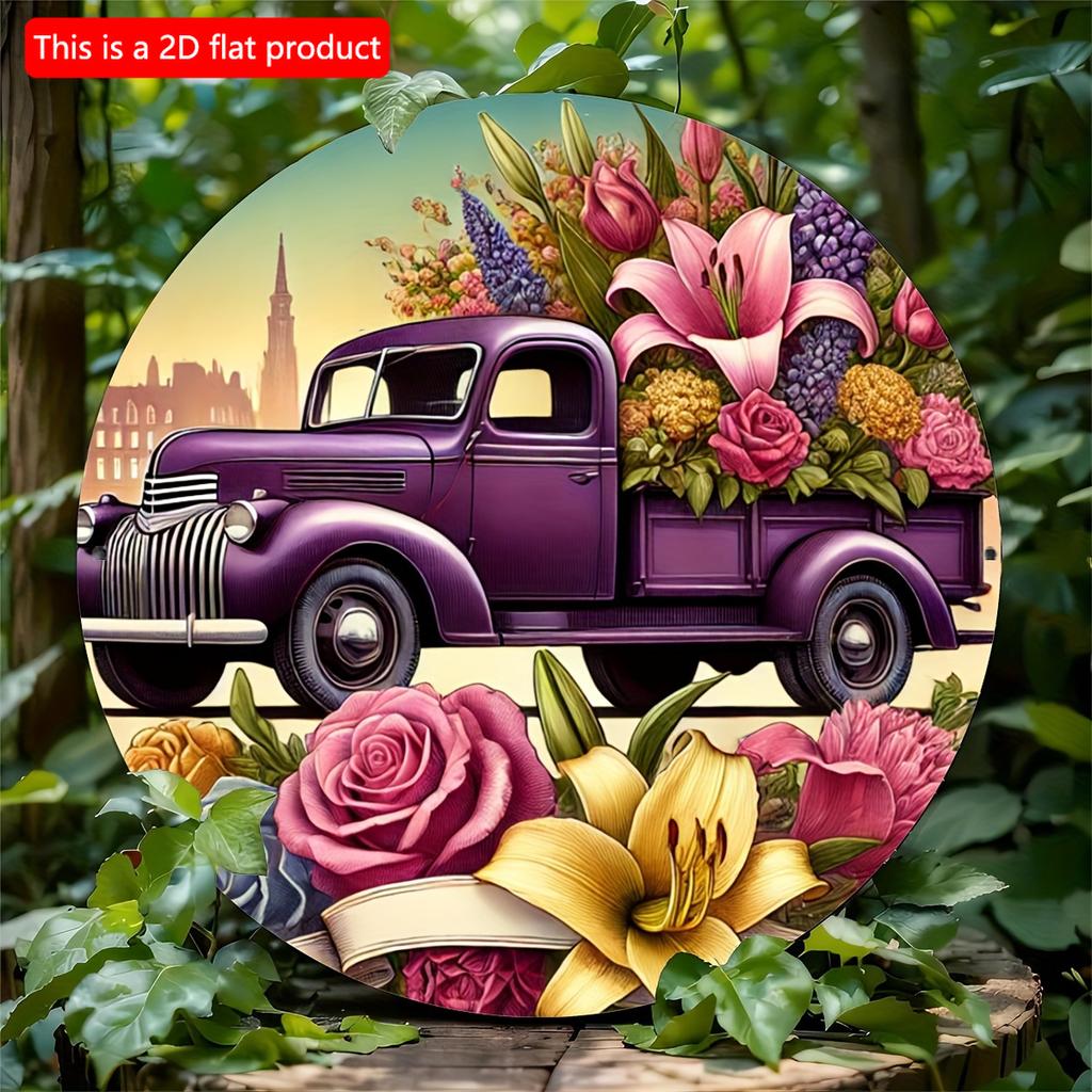 2d Flat 20*20cm Purple Vintage Truck Filled with Flowers, Circular Wooden Sign, Garden, Kitchen, Office, Bedroom Decoration, Wooden Material