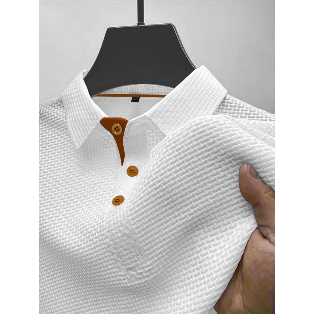 Men's Summer Ice Silk Fiber Short Sleeve T-shirt - Breathable Striped Casual Top with Classic Collar and Button Details